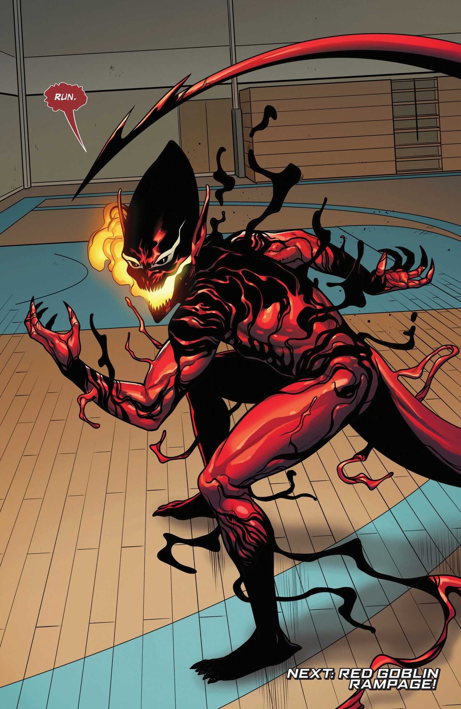 Norman Osborn bonds with Carnage to create the Red Goblin in Spider-Versity #4