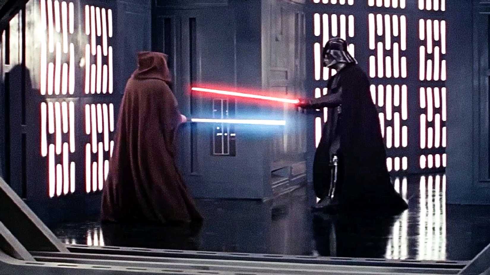 Obi-Wan Kenobi fights Darth Vader aboard the Death Star in Star Wars A New Hope