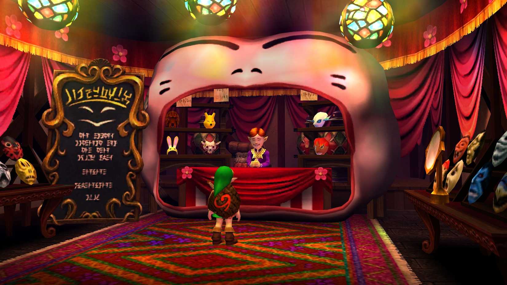 Link standing in the Happy Mask Shop with the salesman behind the counter.