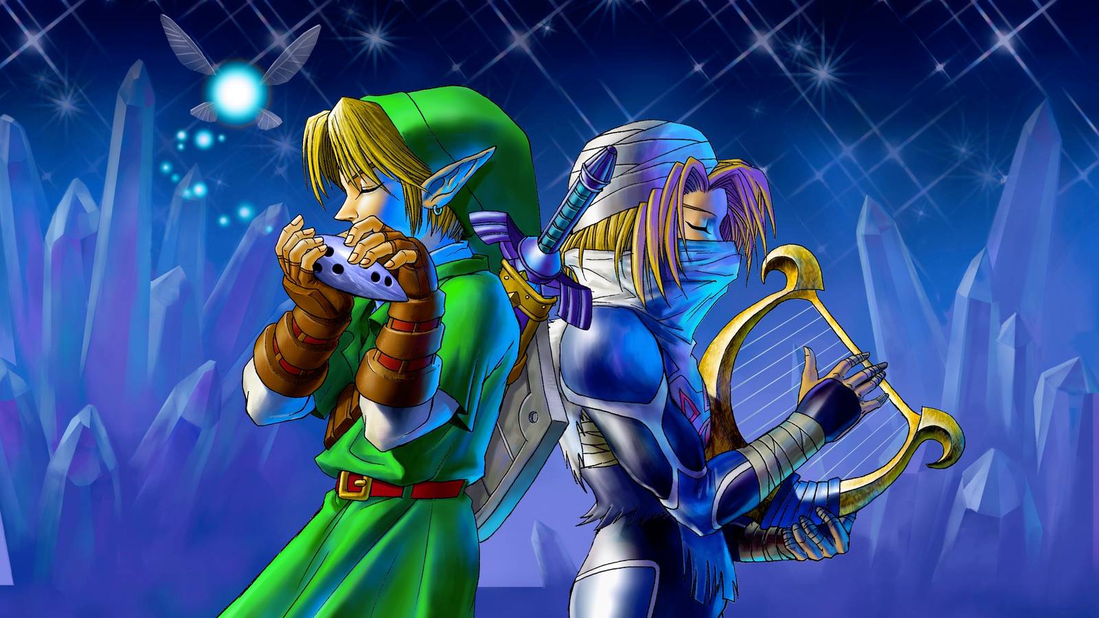 Link and Sheik back-to-back, playing an ocarina and harp, respectively, with Navi flying overhead.