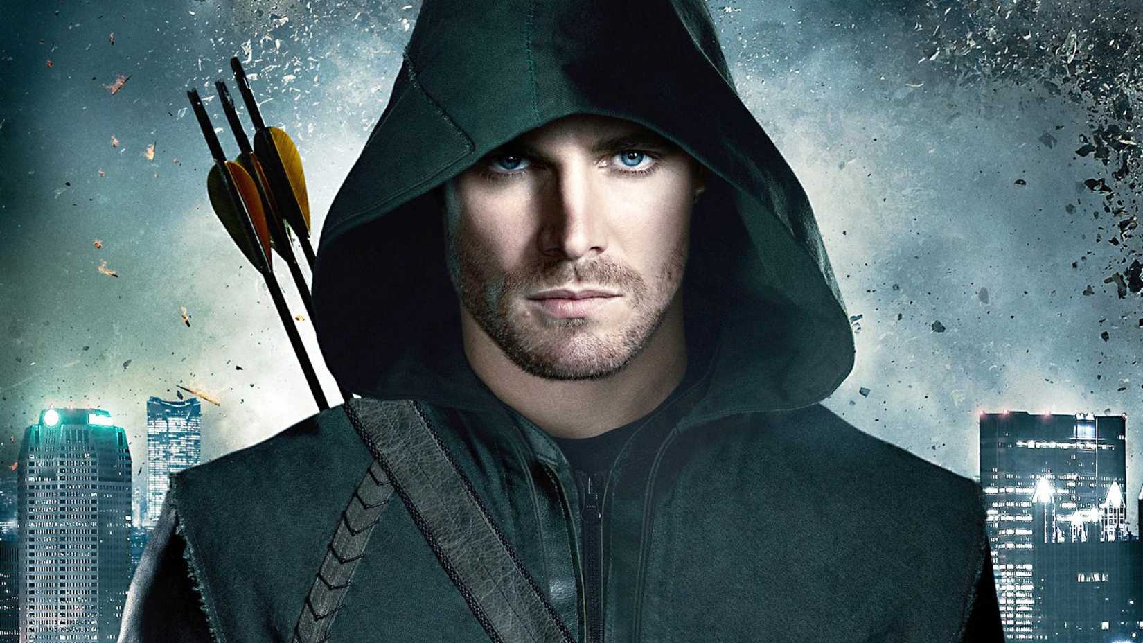 Oliver Queen looks directly at the camera in Arrow