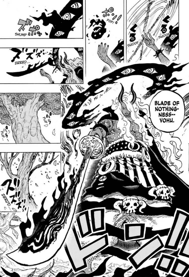 Manga page from One Piece chapter 1188 show's Imu pulling the Blade of Nothingness Sword out of his demonic aura while large trees completely wilt in the background.
