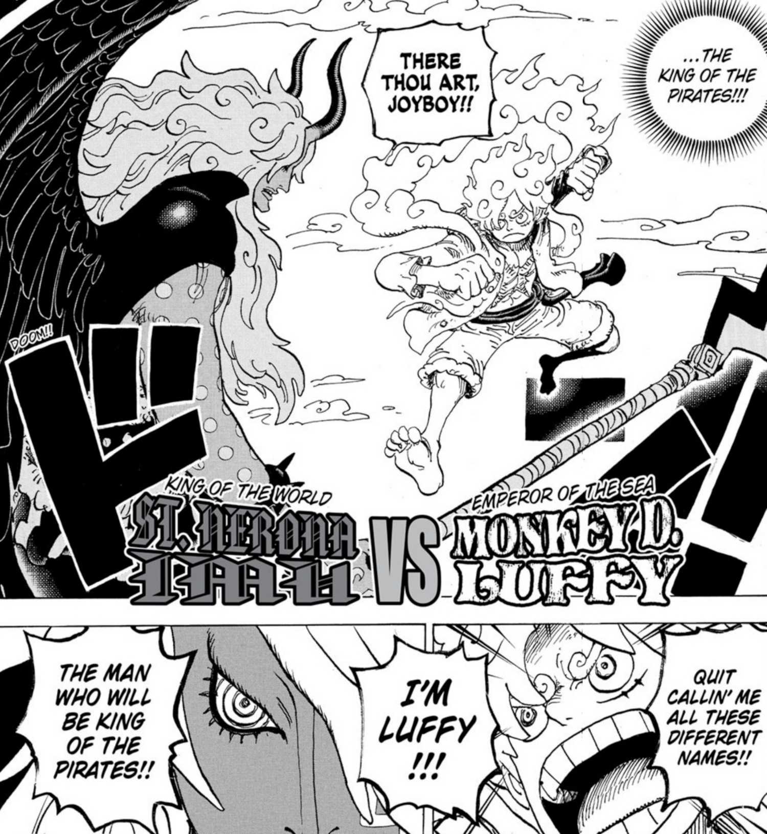 Panneaux du chapitre 1187 de One Piece montrant une carte de titre pour le combat commençant entre le roi du monde Imu et l'empereur pirate Luffy.