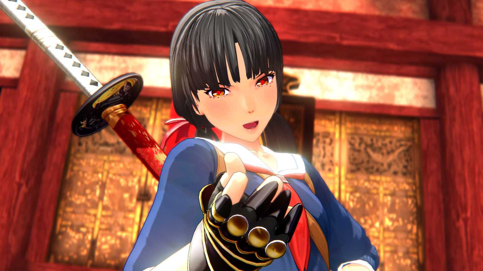 Saki clenches her fist in Onee Chanbara Origin.