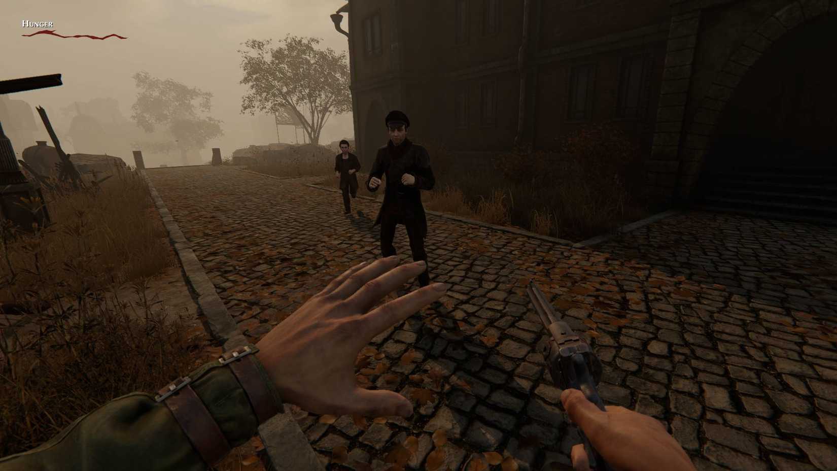 The player aiming their pistol at an enemy in Pathologic 2.