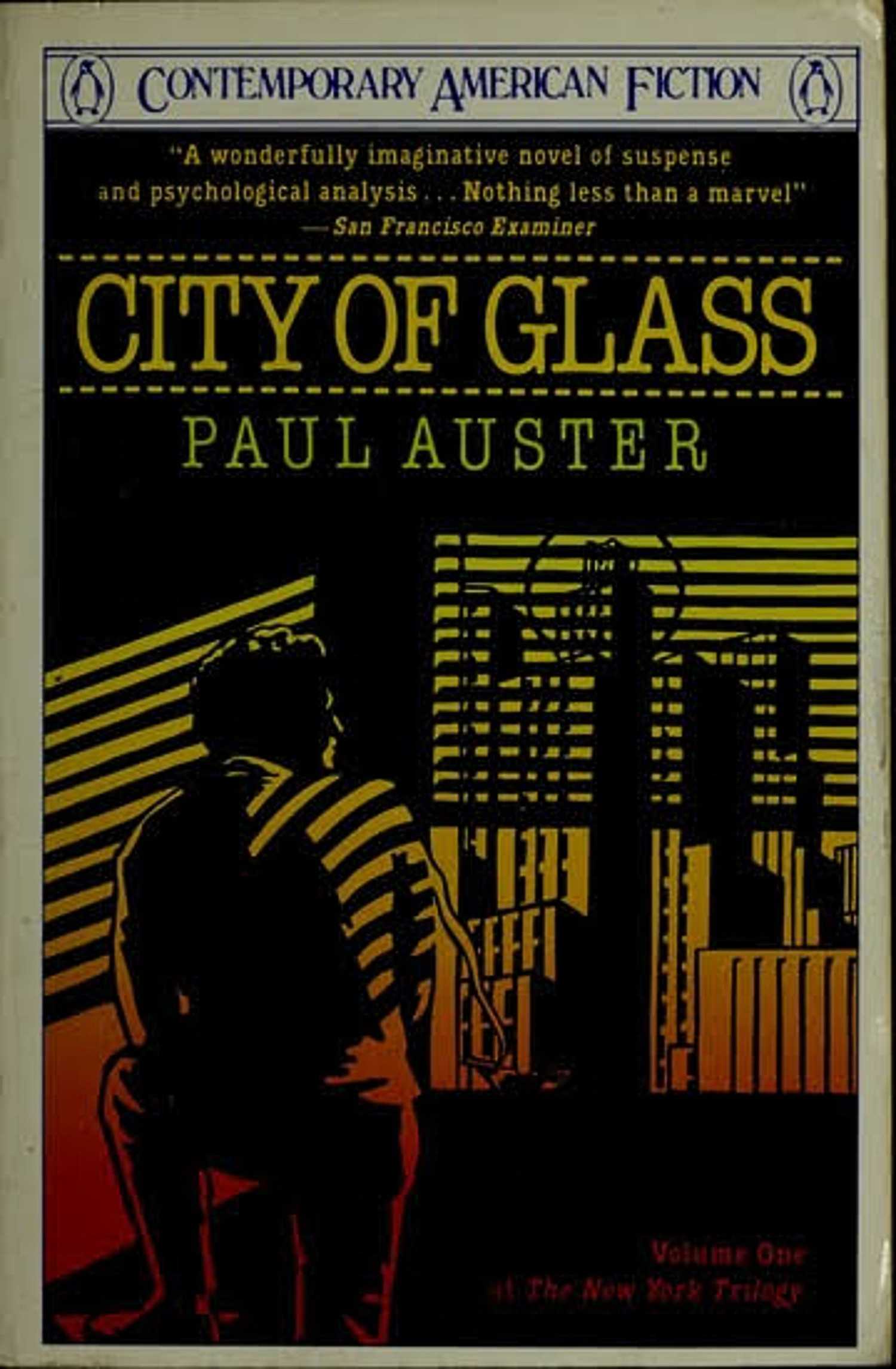 Paul Auster's City of Glass book cover, a man looking out a window