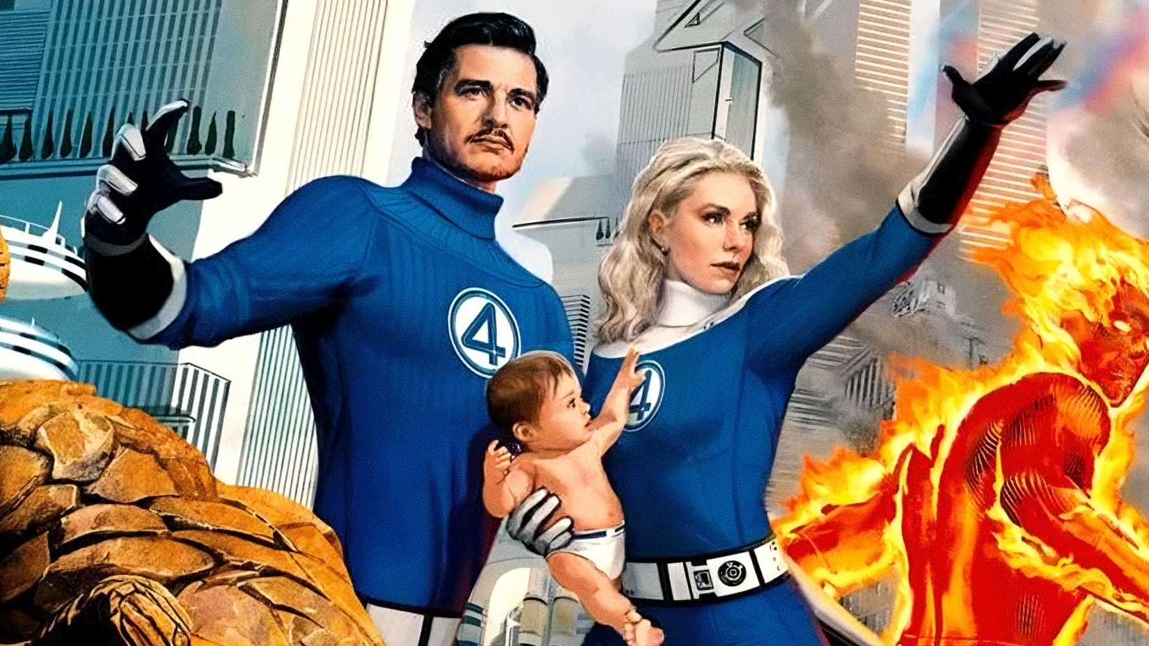 Pedro Pascal's Reed Richards and Vanessa Kirby's Sue Storm protect baby Franklin Richards in The Fantastic Four First Steps