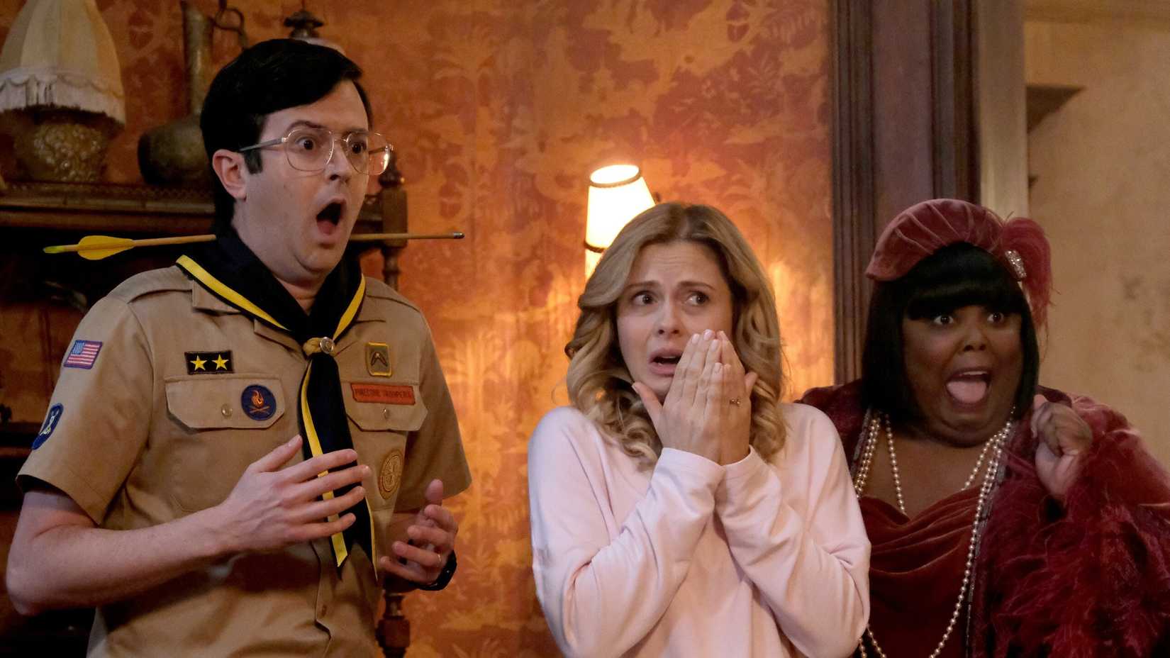 Pete and Sam are shocked, Alberta is thrilled reaction shot at Woodstone Manor