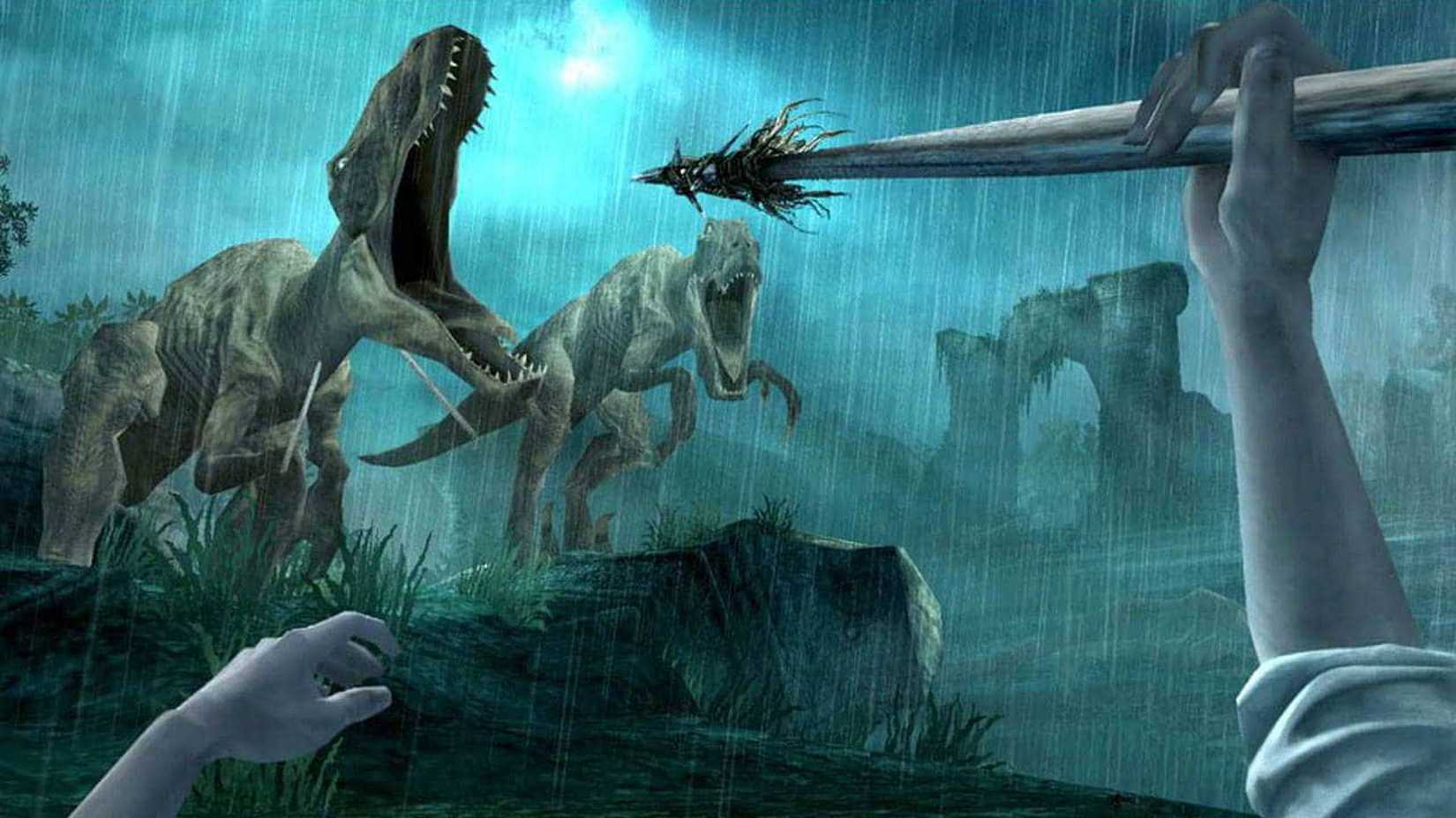 The player raising a spear at some dinosaurs in Peter Jackson's King Kong The Official Game of the Movie.