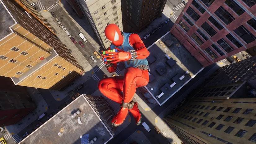 Peter Parker Spiderman solving a rubiks cube while falling