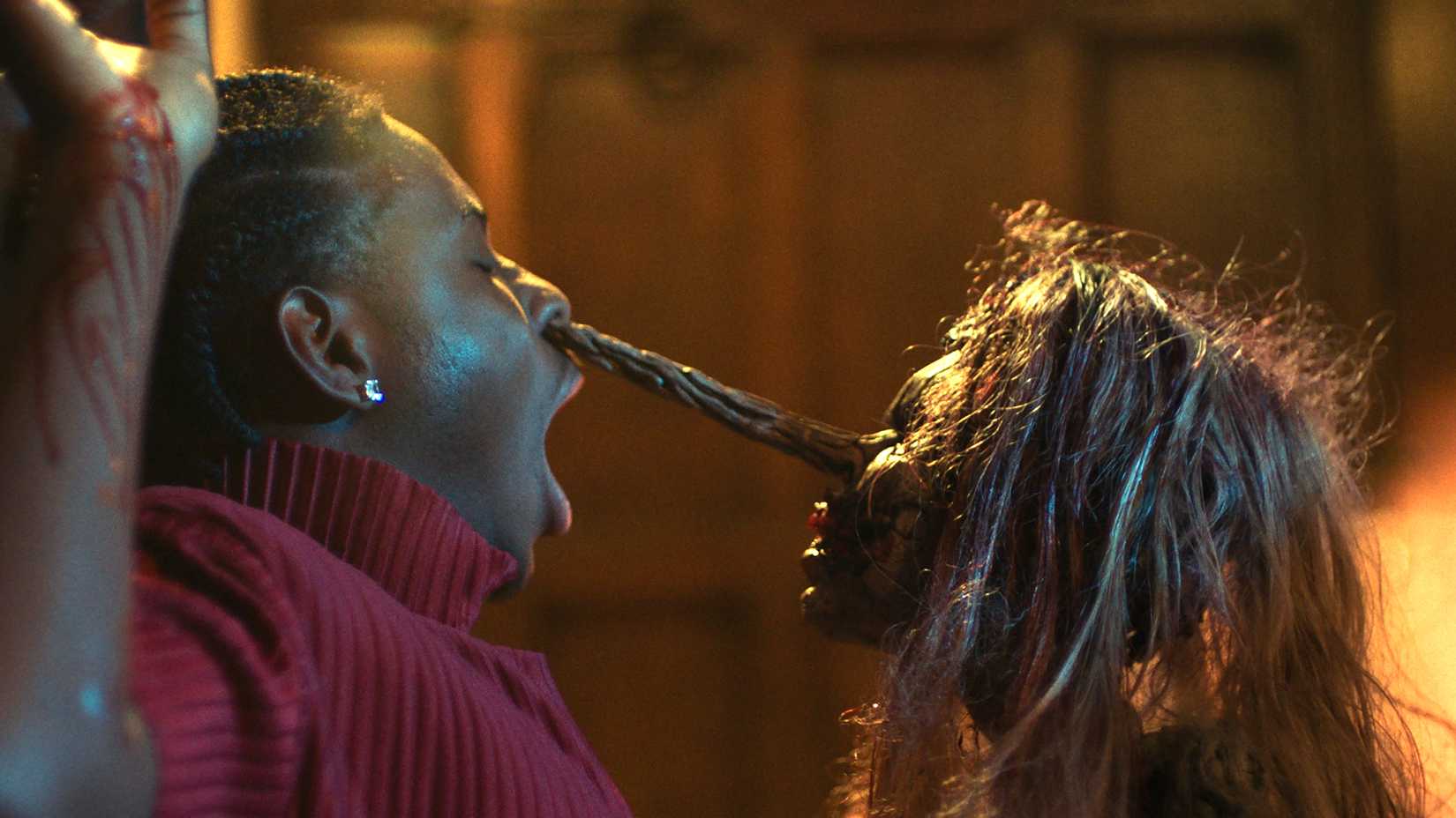 Pinocchio using his nose to stab someone in the nose in Pinocchio Unstrung
