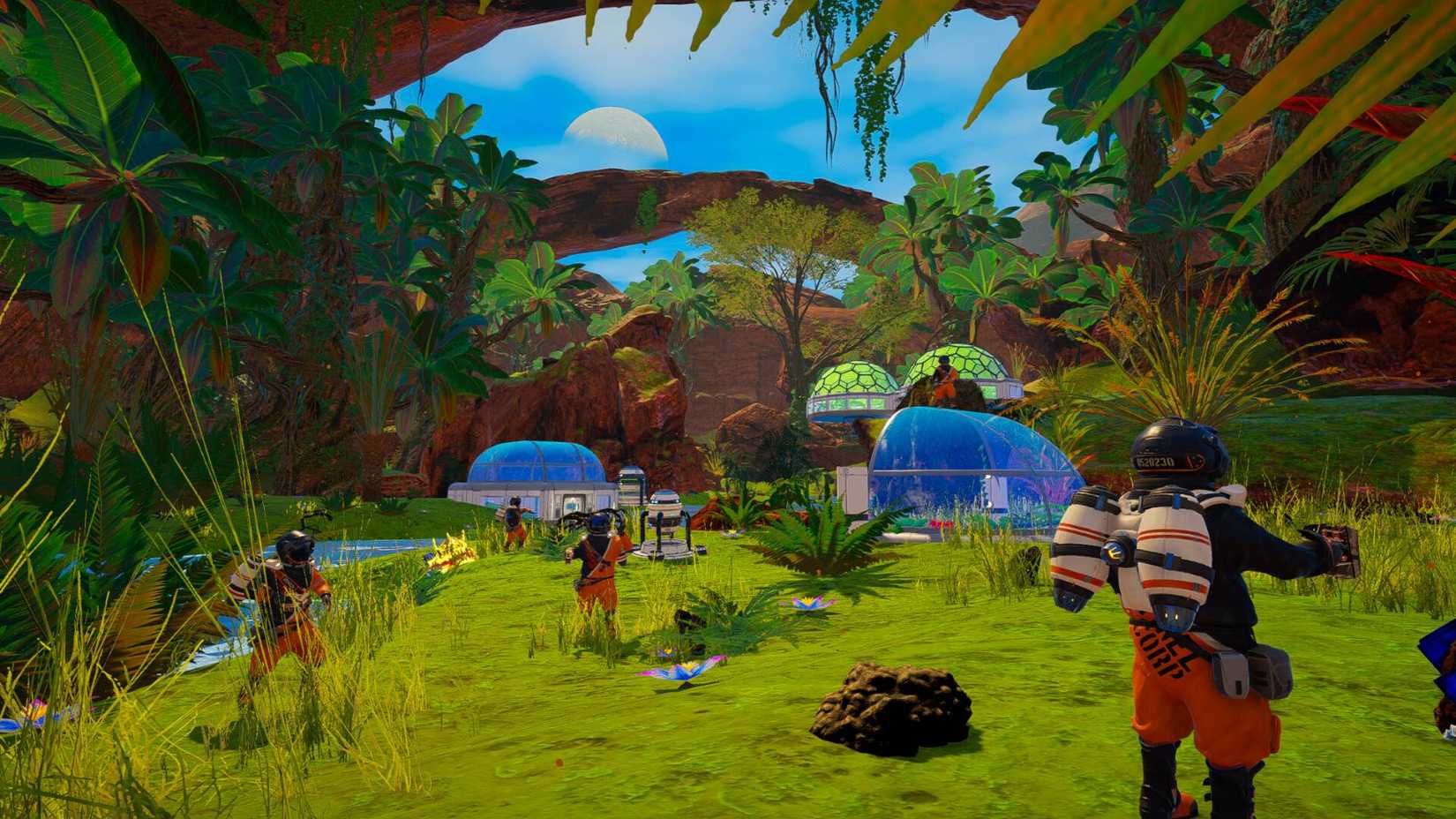 A group of players exploring a lush green environment in Planet Crafter.