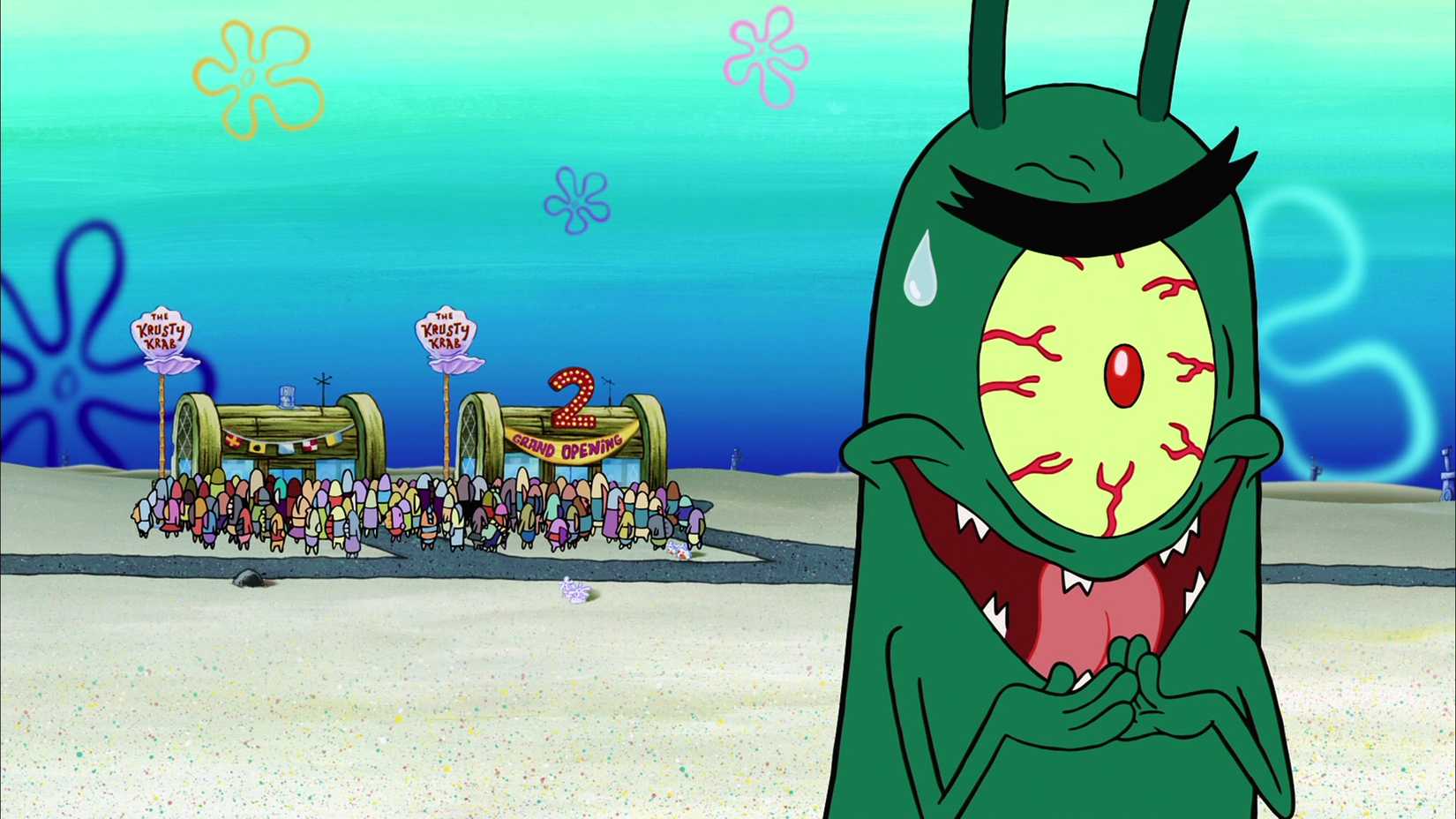 Plankton maniacally laughs in the foreground with the Crusty Crab 2 Grand Opening in the background in The SpongeBob SquarePants Movie. 