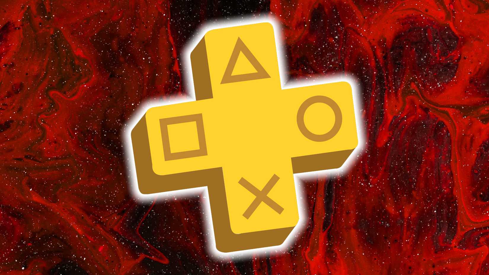 The PlayStation Plus logo is superimposed over a red background.
