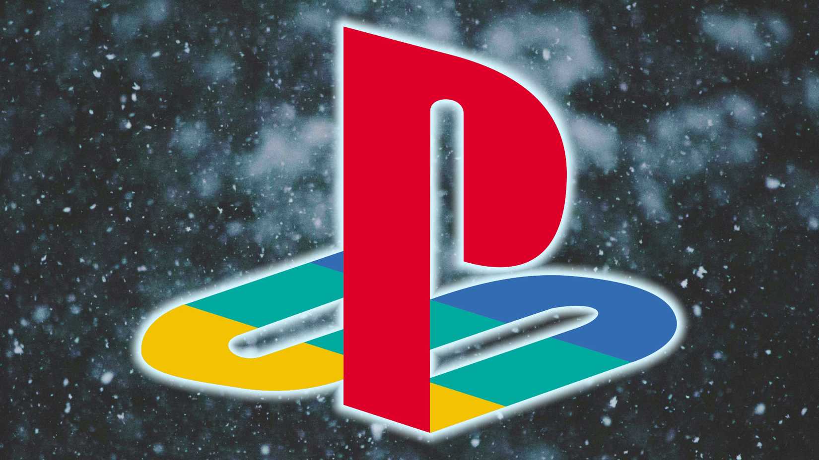 A colorful PlayStation logo is superimposed over a dark snowy sky.