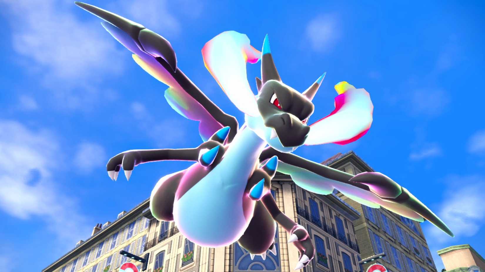 Mega Charizard X flies through the skies in Pokémon Legends: Z-A.