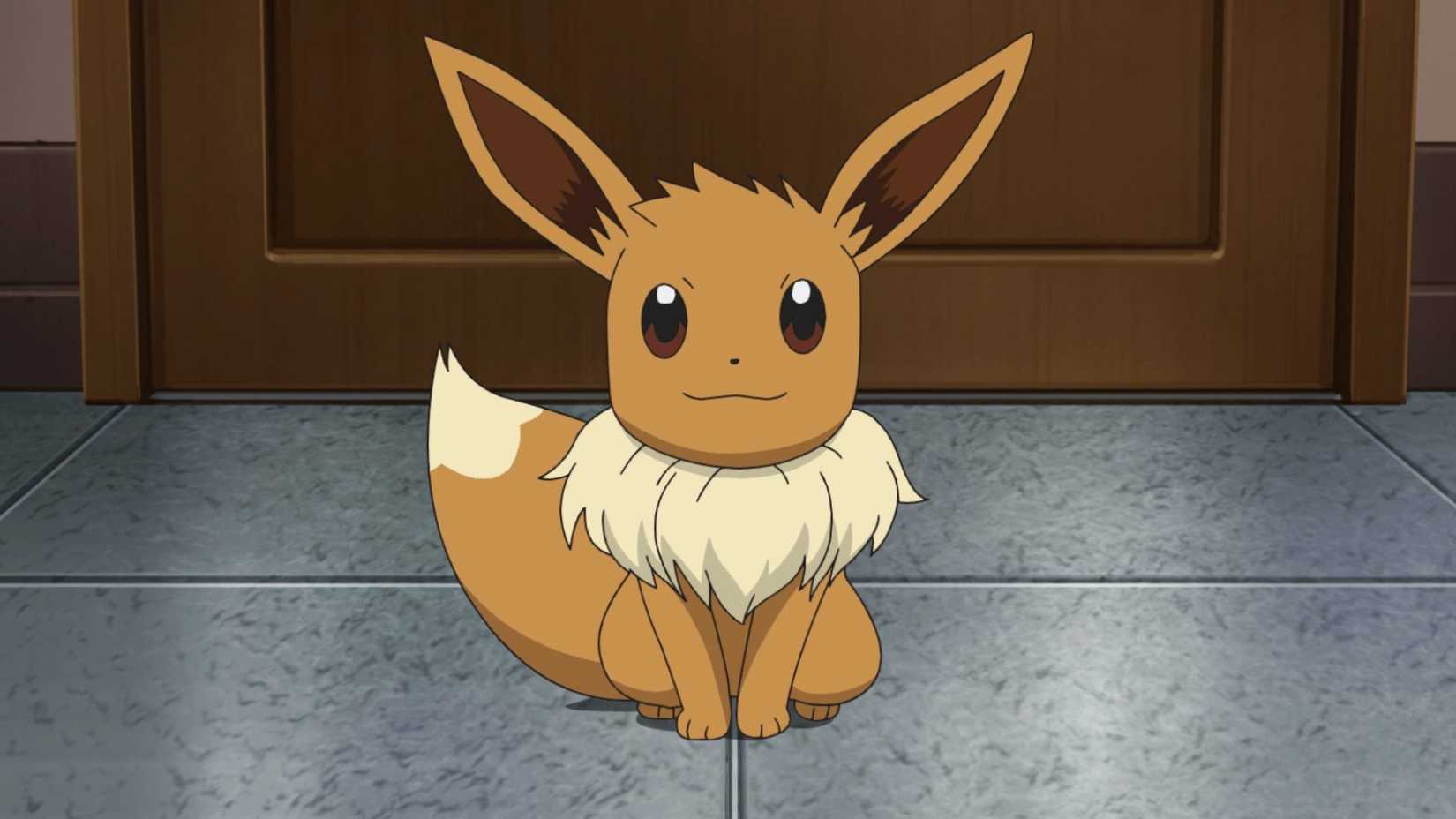 Eevee sitting on a stone tile floor in front of a wooden door.