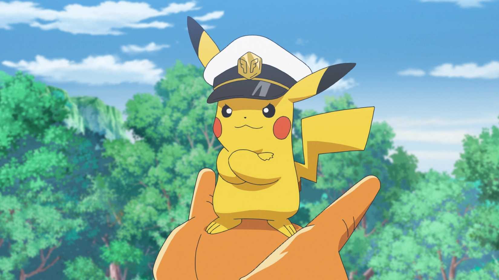 Captain Pikachu from the Pokémon anime smirks as it crosses it arms, standing on a Charizard's head.