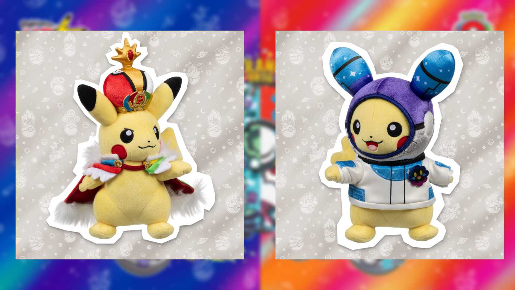 Two Pokemon Pikachu plushies, one that looks like a king, the other that looks like an astronaut.
