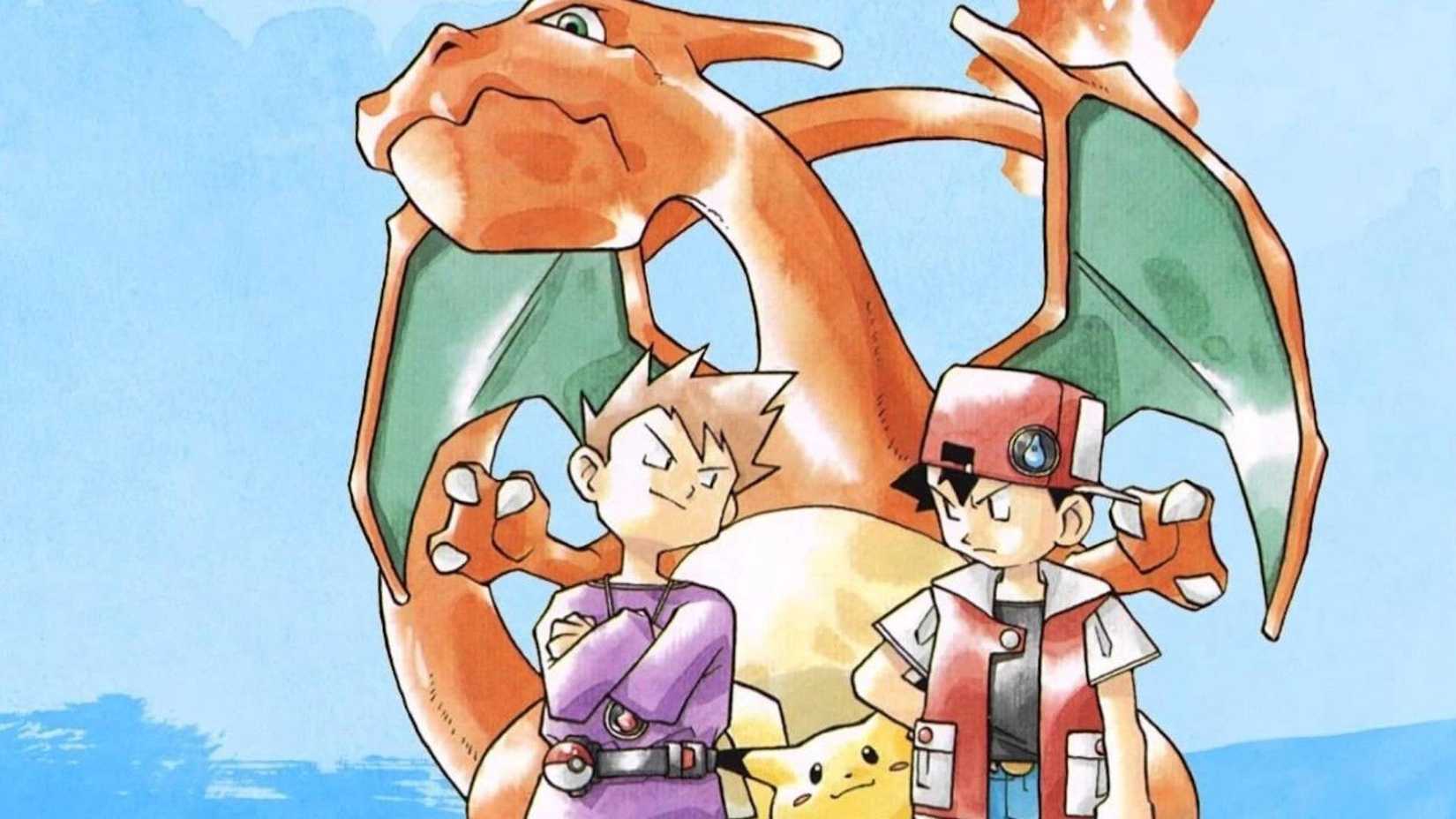 Gary and Red standing next to a charizard in Pokemon Red and Blue art.