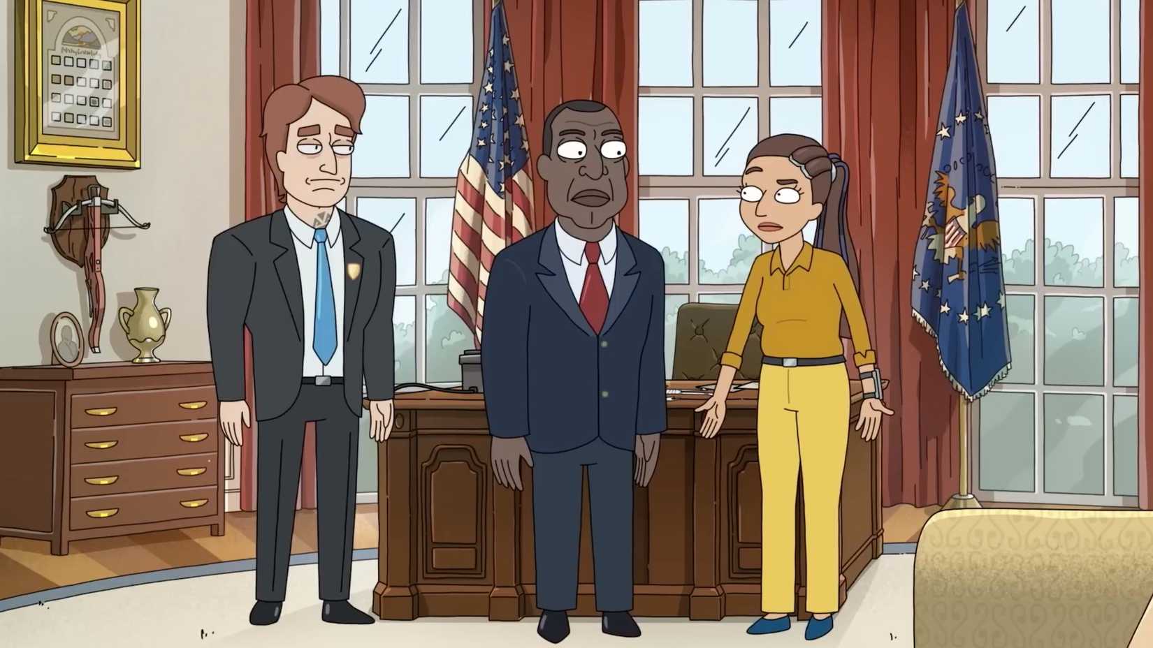 President Curtis, O'Doyle, and Banks in the Oval Office