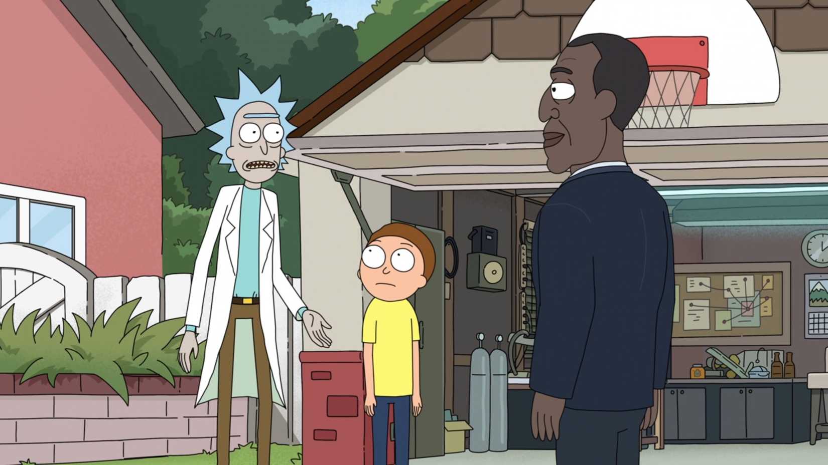 Rick and Morty speaking with President Curtis outside of their garage