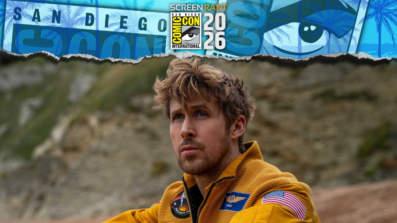 Ryan Gosling in a yellow astronaut suit, with ScreenRant's San Diego Comic-Con banner above him