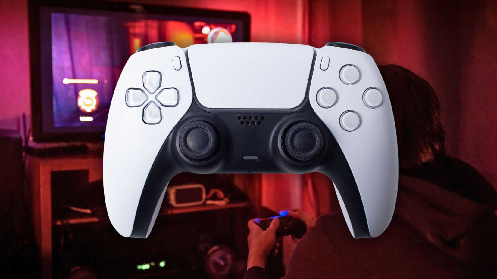 PS5 controller in front of an image of someone playing a console video game