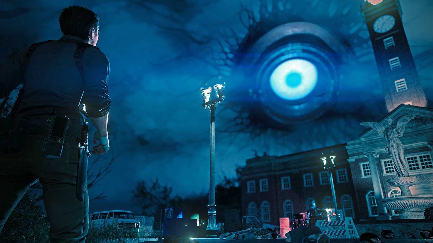 The Evil Within 2 Protagonist looking up at large eye