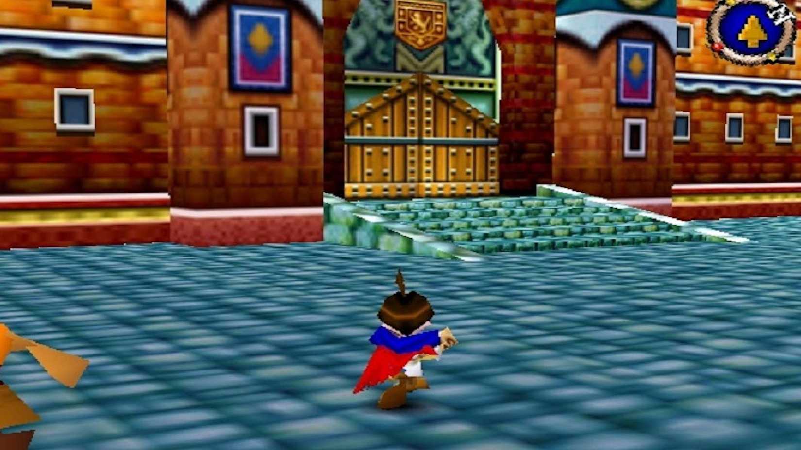 The player running up to a building in Quest 64.