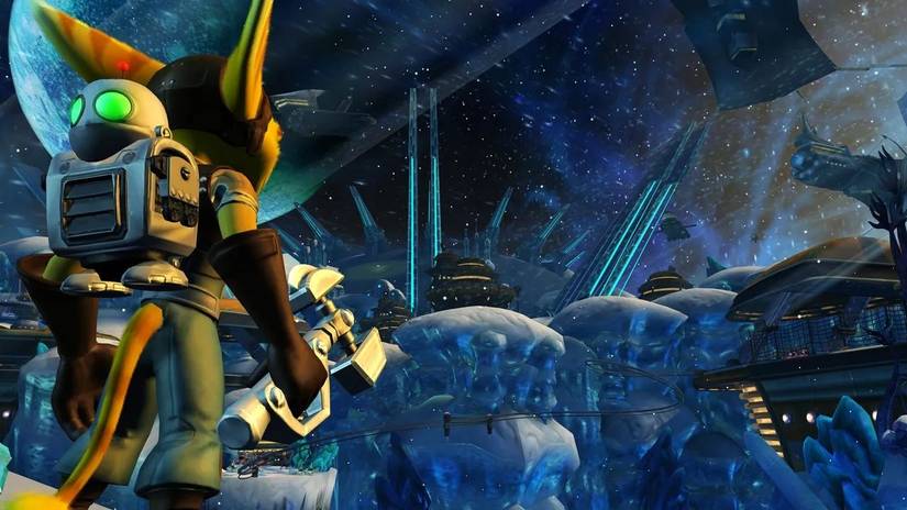 Ratchet with Clank on his back looking at a futuristic city.