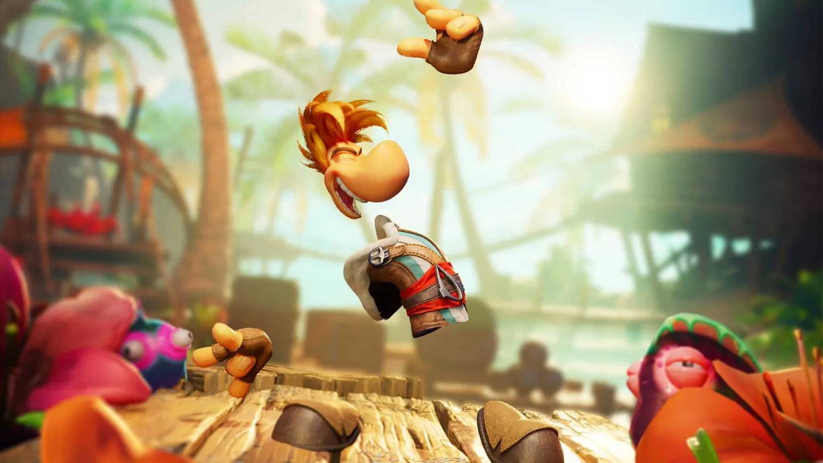Rayman as Edward Kenway from Assassin's Creed Black Flag in Rayman Legends Retold with his fist in the air.