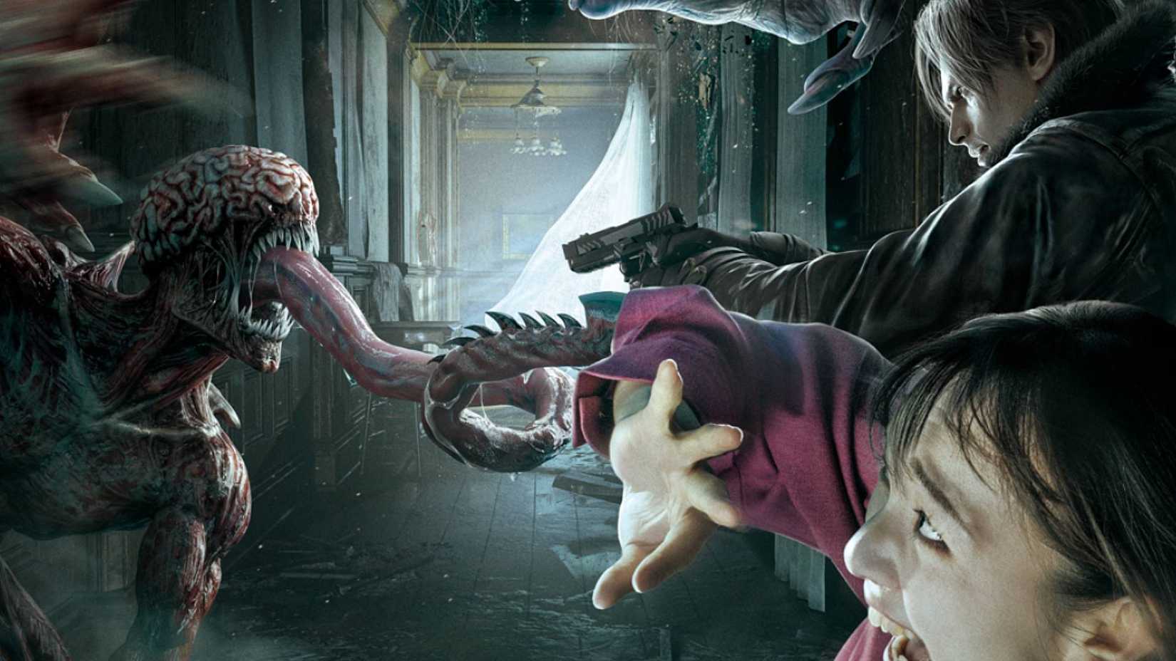 Leon Kennedy from Resident Evil shoots a zombie while a real human looks scared.