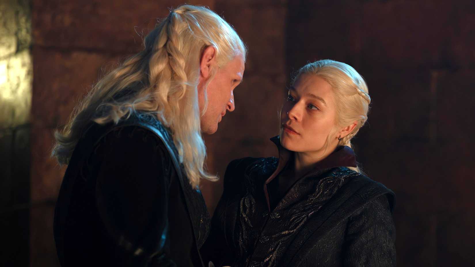 Rhaenyra and Daemon looking at each other in House of the Dragon season 3
