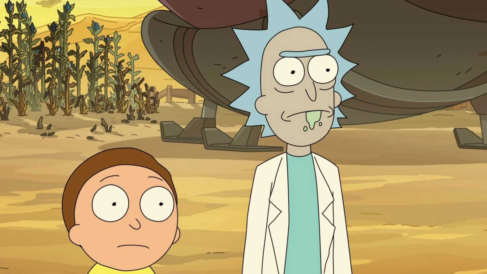 Rick and Morty stand and stare looking concerned in Rick and Morty