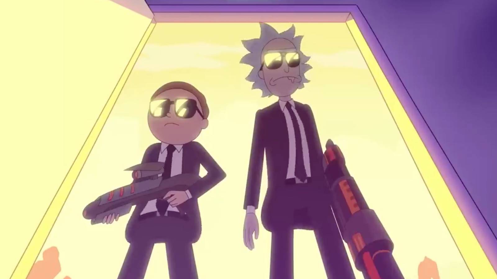 Rick and Morty in suits and wearing sunglasses, holding advanced guns, in the music video Rick and Morty x Run The Jewels: Oh Mama