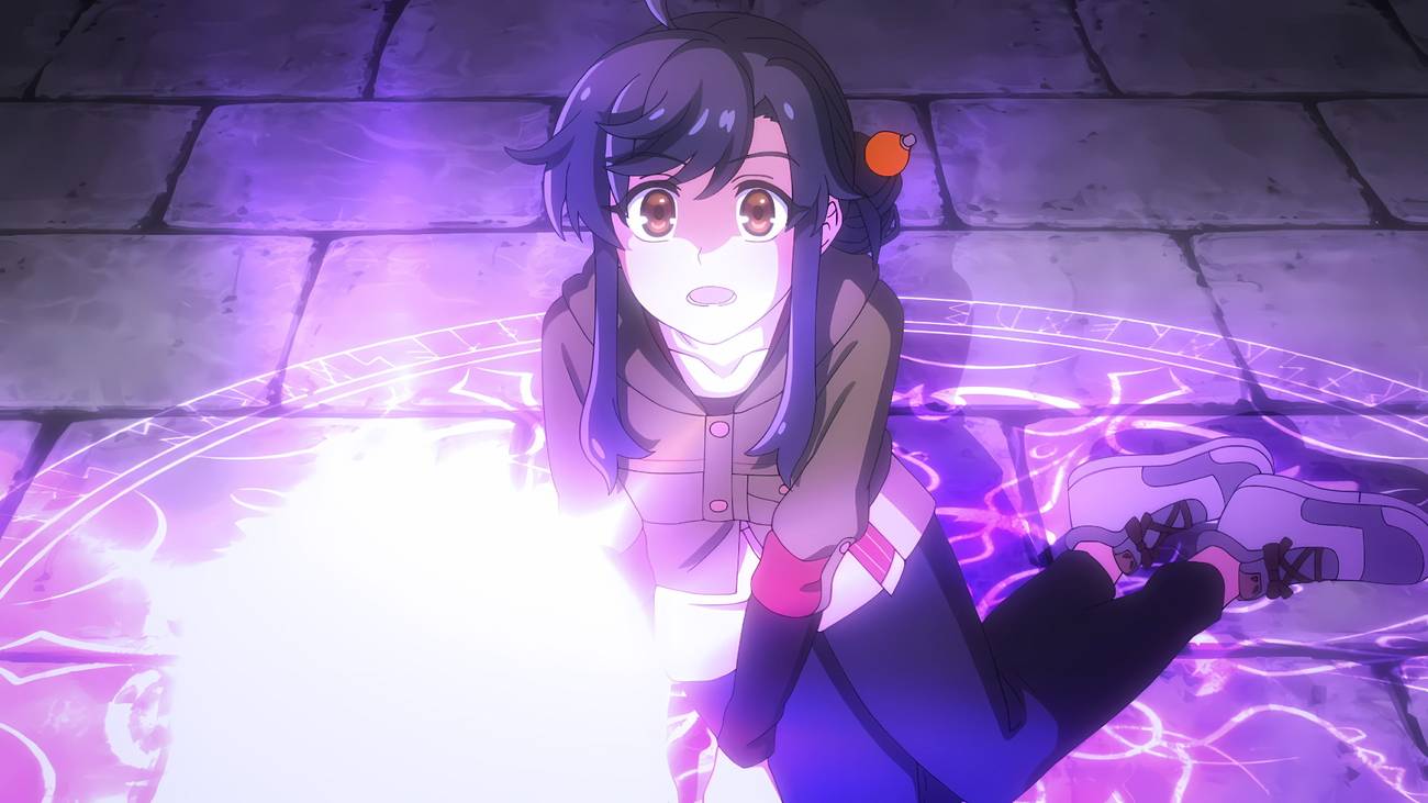 Rin from The Forsaken Saintess and Her Foodie Roadtrip in Another World sitting on top of a magic circle.
