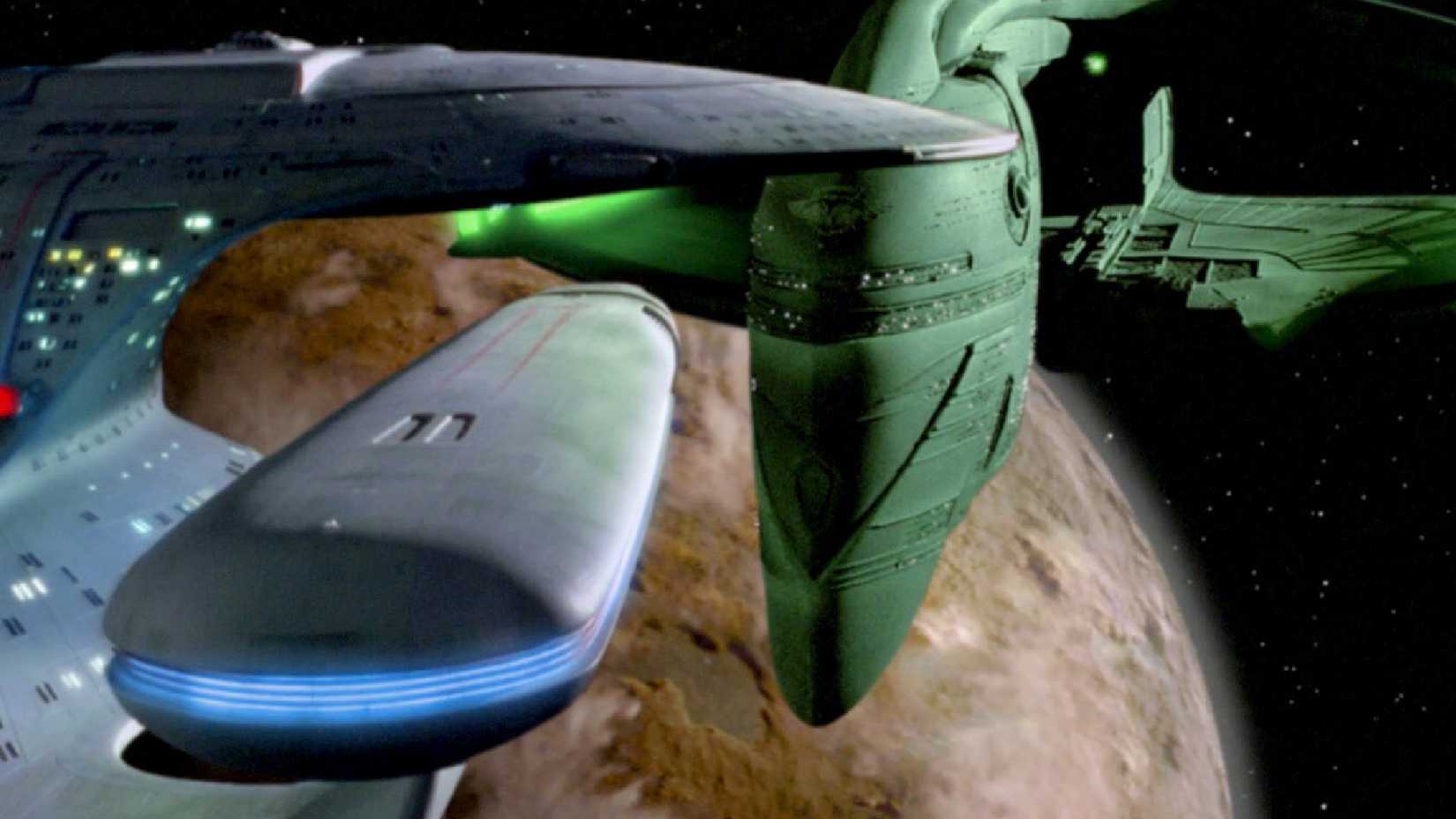 Romulan D'deridex facing down the enterprise in star trek the next generation