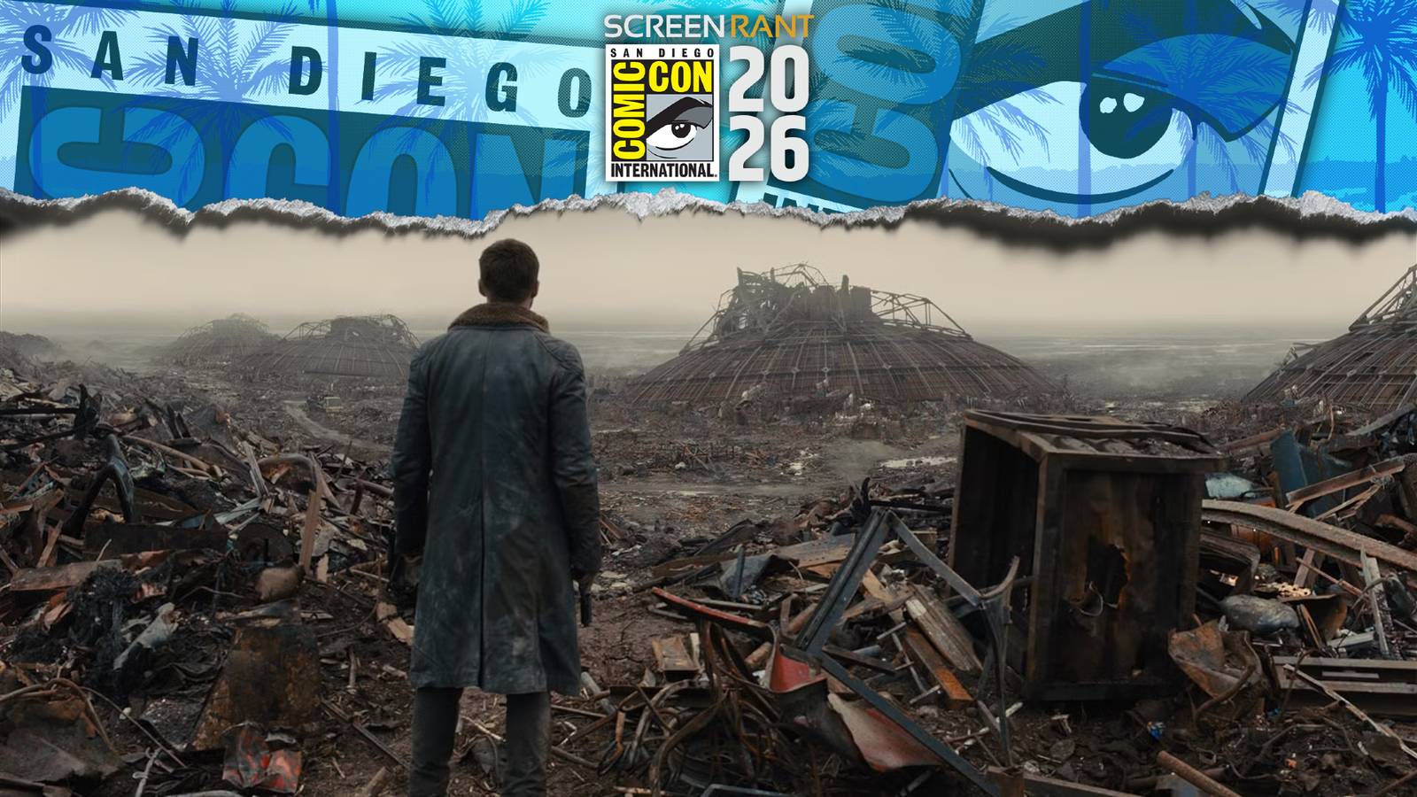 Ryan Gosling as Agent K in Blade Runner 2049 with 2026 SDCC overlay