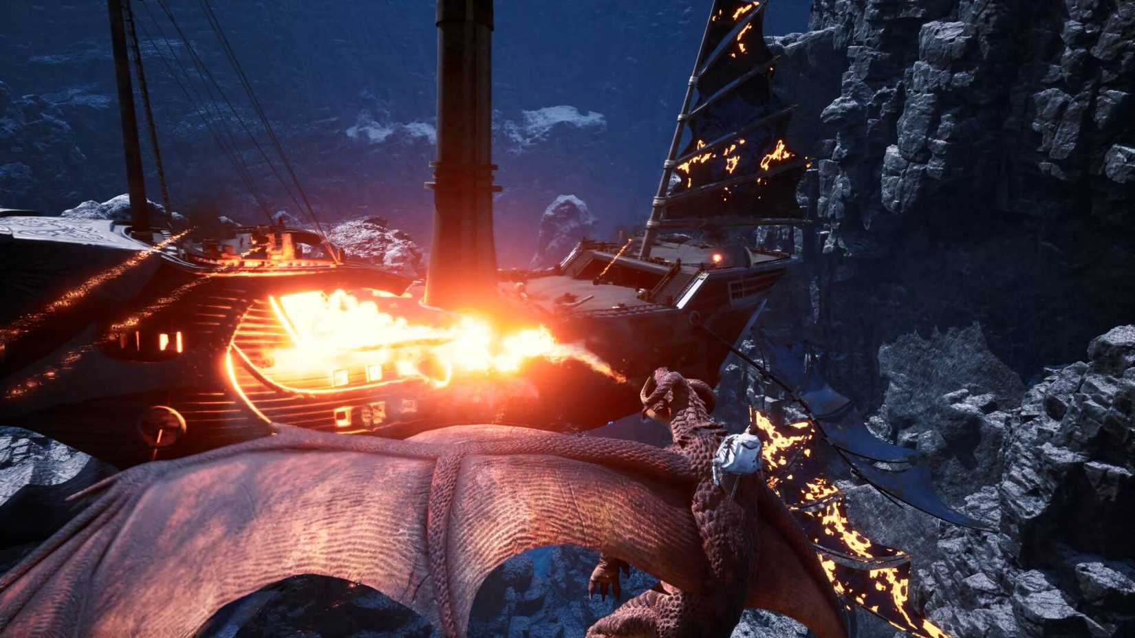 The player riding on the back of a dragon that is burning a floating ship in Sagas of Lumin.