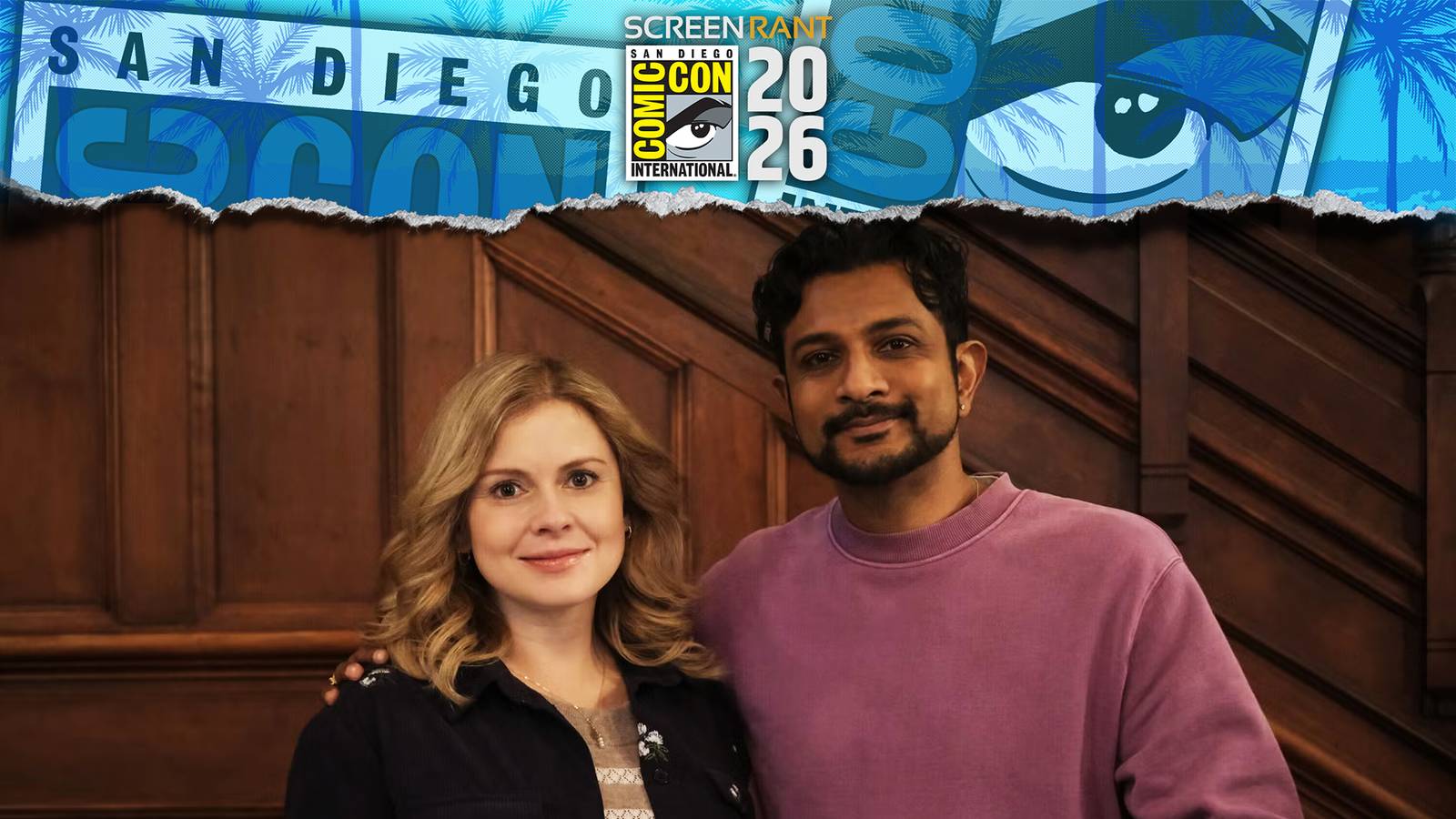 Sam and Jay from Ghosts smiling with the 2026 Comic-Con Overlay