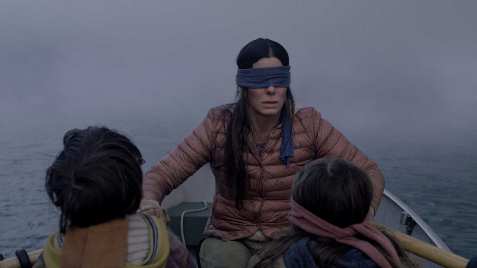 Sandra Bullock as Malorie Hayes with her kids in Bird Box