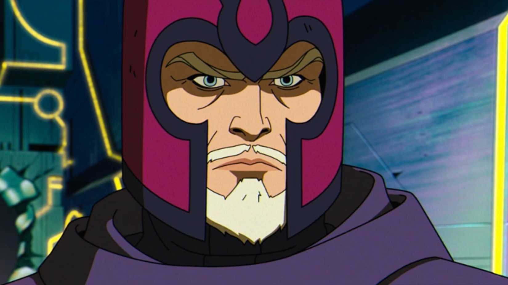 Bearded Magneto wearing his helmet within Apocalypse's ship
