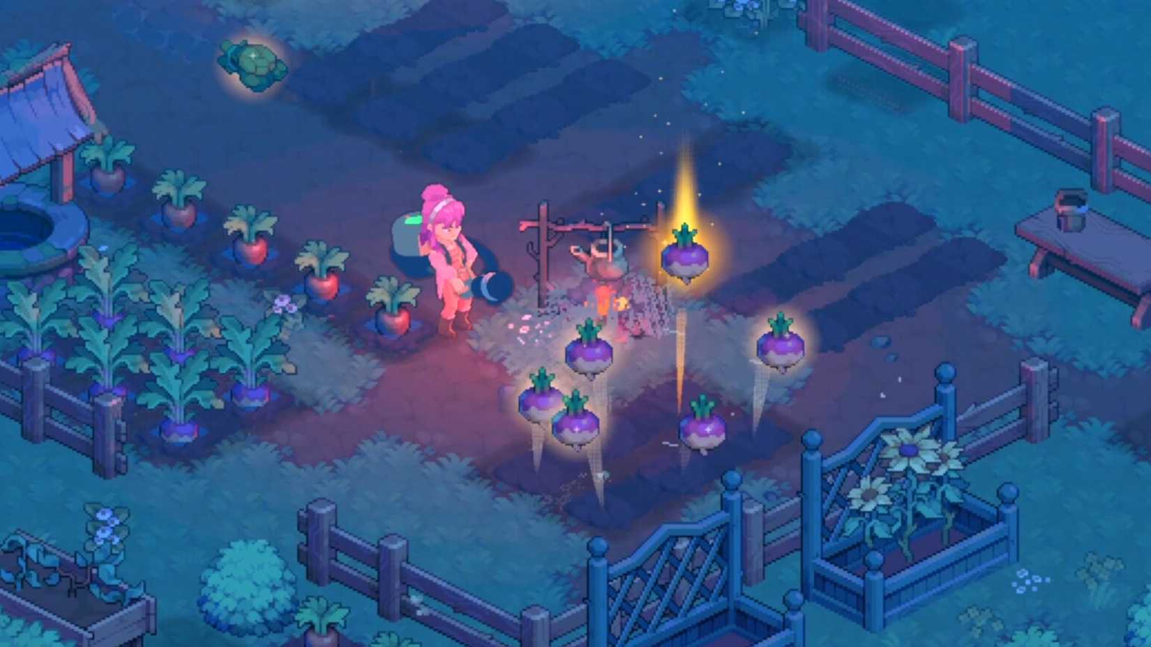 Screenshot of the game Moonfrost with character harvesting vegetables