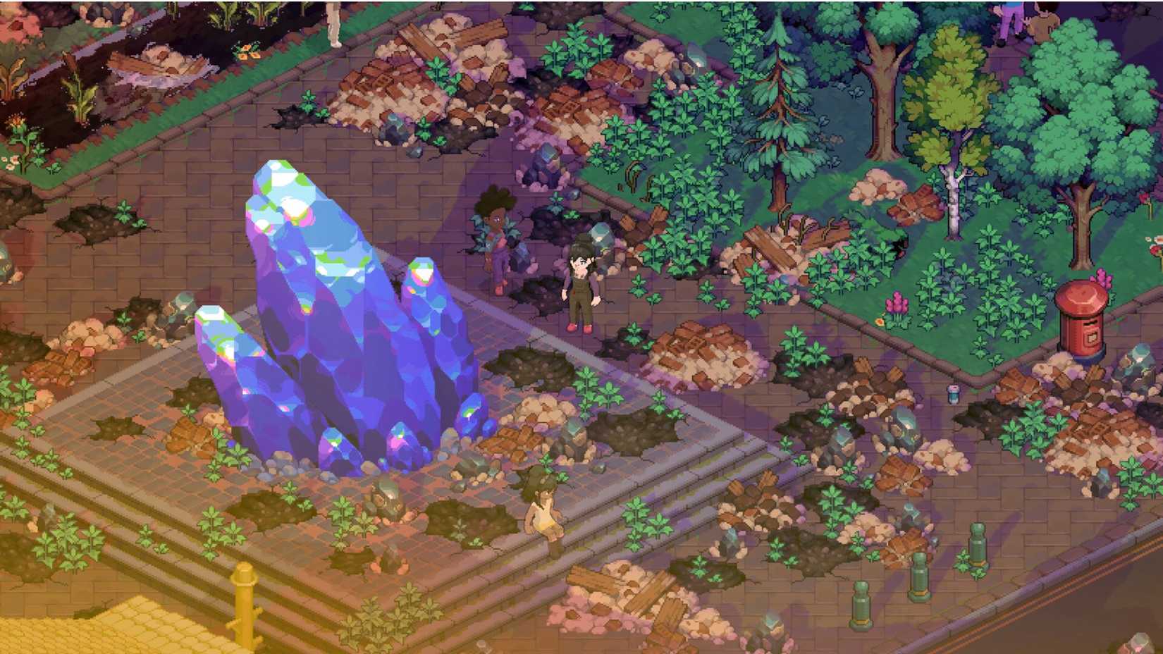 צילום מסך של המשחק Moonfrost עם דמויות מול אבן חן כחולה ענקית