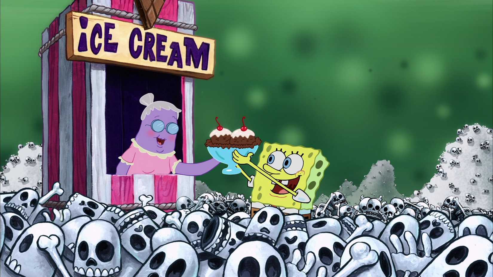 An old woman hands SpongeBob an ice cream Sunday, among piles of skulls in The SpongeBob SquarePants Movie.