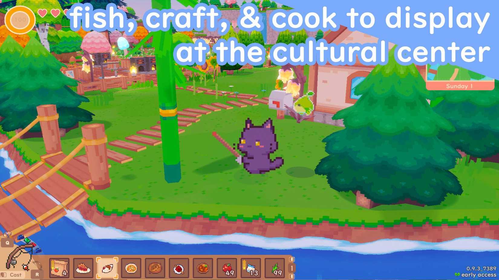 The player as a cat fishing near houses in Snacko.