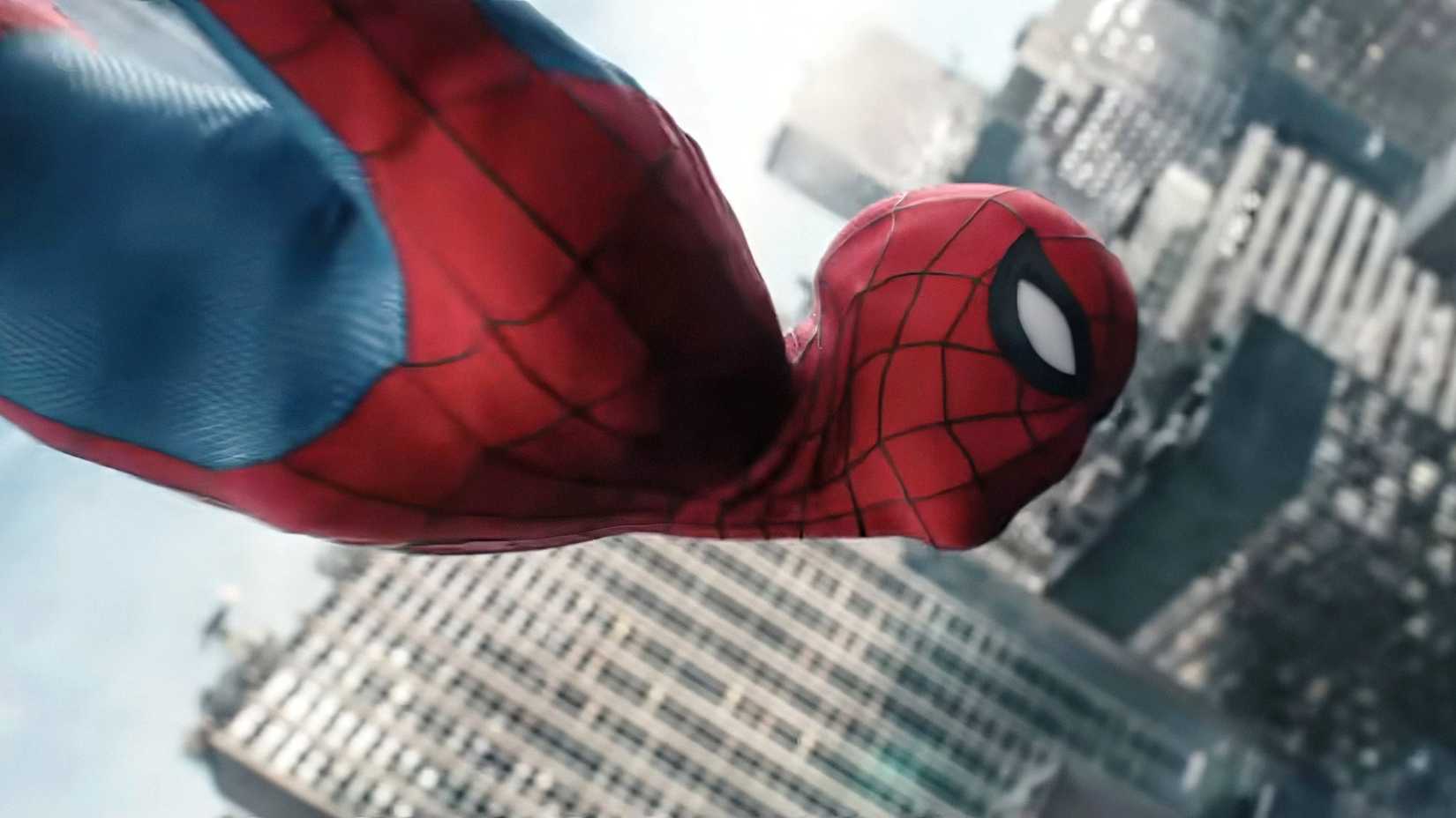 Spider-Man in close-up flying through the sky in Brand New Day