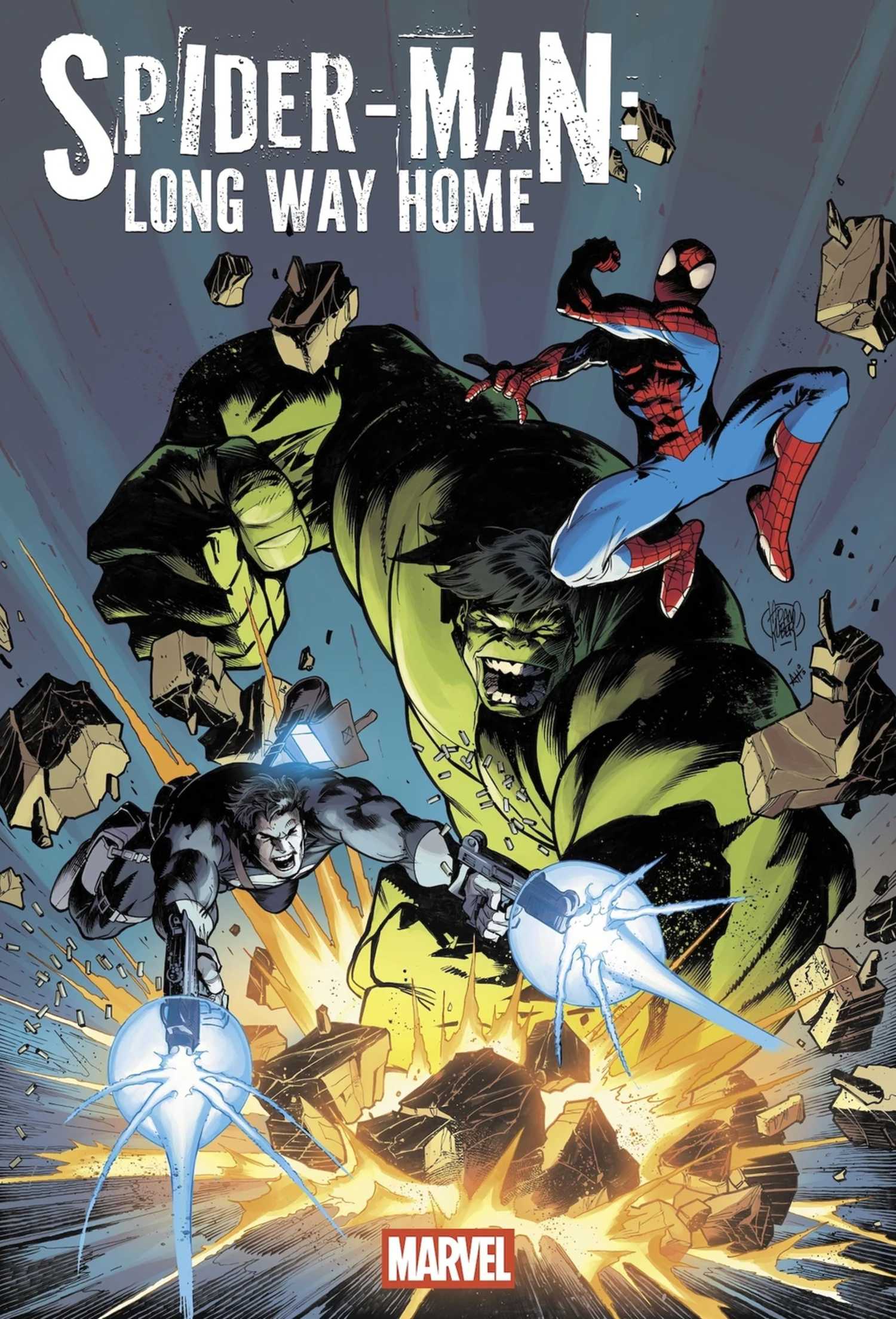 Spider-Man Long Way Home #3 cover showing spider-man, hulk and punisher trying to grab the cosmic cube