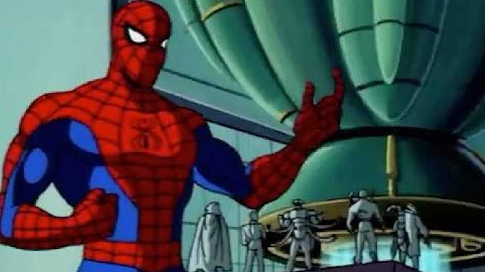 Spider-Man looks at the heroes in Secret Wars in the animated series
